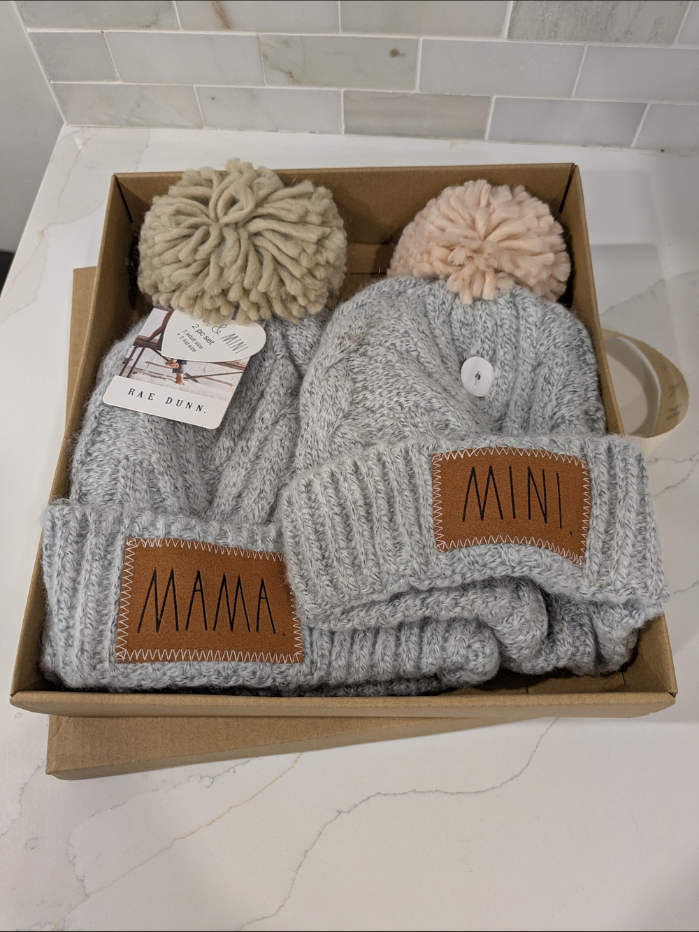 Gray 'Mama & Mini' Knit Beanie Set with Pom-Poms